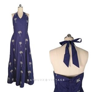 Tori Richard Maxi Dress 12 Blue Halter Tropical Palm Tree Long Beachy Navy